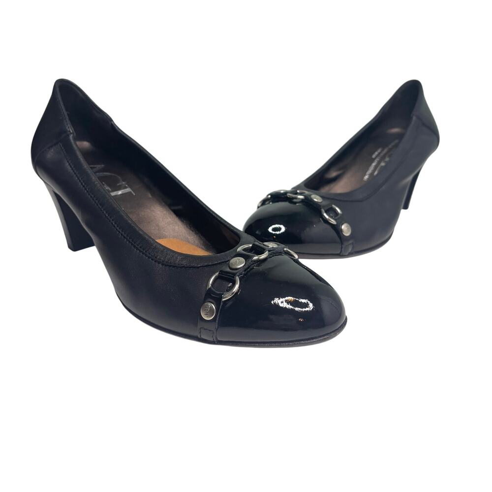 AGL Black Patent Leather Cap Toe Block Heel Pump 39.5